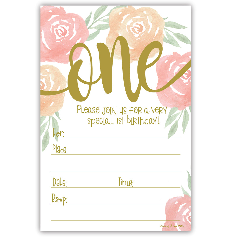 Watercolor Floral Girl 1st Birthday Invitations