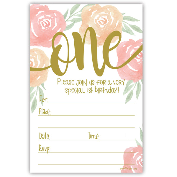 Watercolor Floral Girl 1st Birthday Invitations