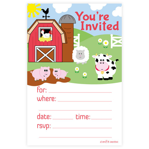 Farm Animals Birthday or Baby Shower Invitations