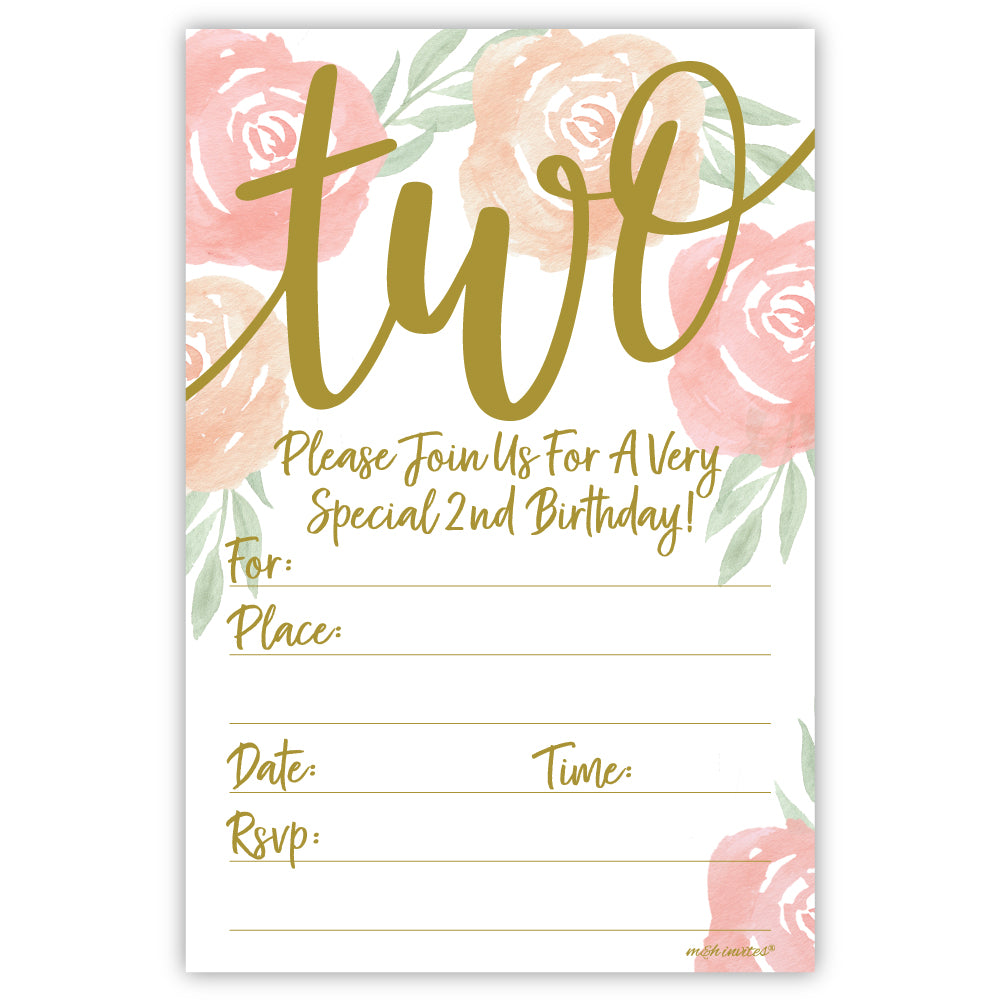 Modern Watercolor Floral 2nd Birthday Party Invitations